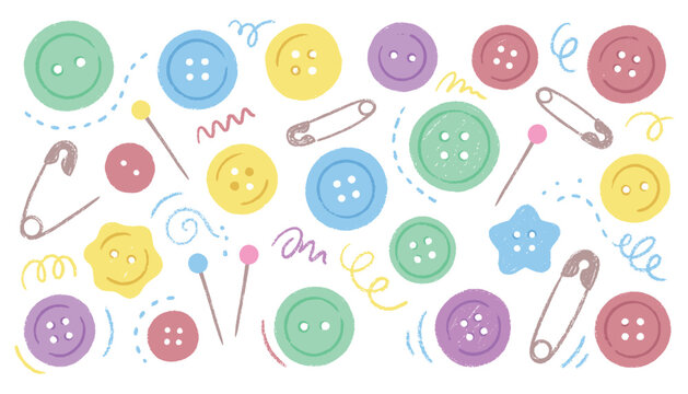 Sewing buttons and pins illustration, colorful craft supplies, handmade hobby vector art design.