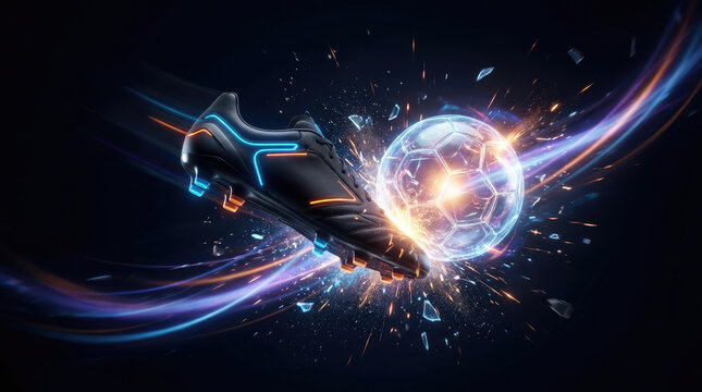 Dynamic Action Shot of Football Boot Kicking Neon Soccer Ball