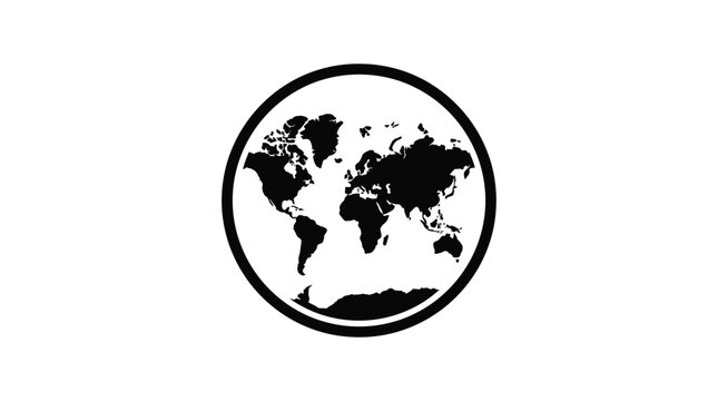 World map silhouette within a circle black on white background