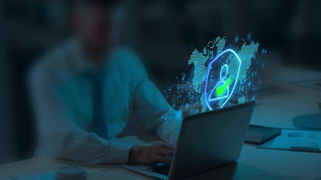 Identity Authentication Technologies. Secure Passwordless Multi-Factor Authentication. Businessperson Tapping Laptop to Use Authenticator Application.
