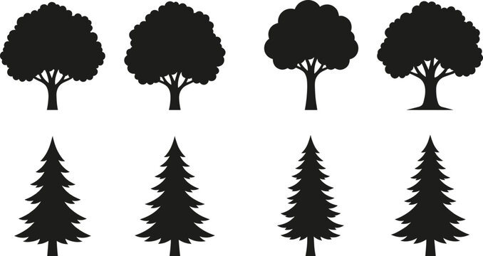 Tree silhouette collection with eight diverse botanical designs including coniferous, deciduous, leafless, and rounded canopy forest variations