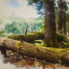 Fototapeta premium Moss Covered Fallen Tree Trunks Resting in Sunlit Forest Clearing