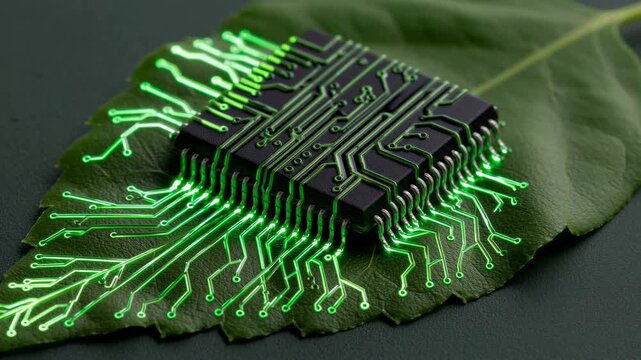 Green microchip on a leaf with glowing light pulses showing future eco technology development