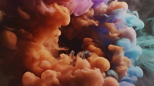 Billowing plumes of vibrant orange, purple, and teal smoke colliding in a dark space, featuring thick volumetric textures and swirling cloud patterns in an abstract composition.