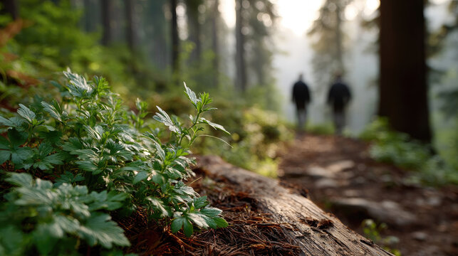 Green plants thriving on the forest floor, two hikers walking on a path in the misty woods at sunrise, embracing wellness and a journey through tranquil nature outdoors