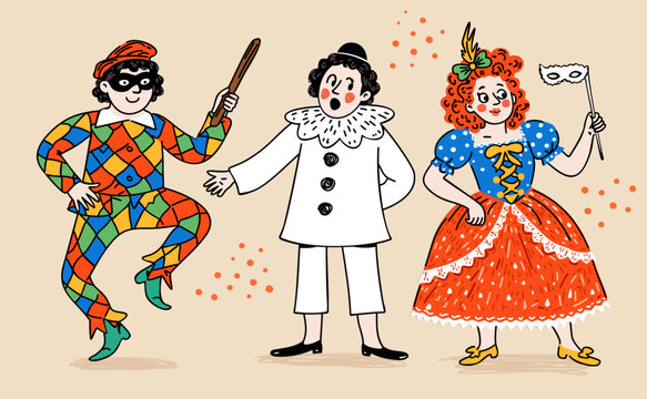 Traditional characters of Italian Commedia dell'arte, Harlequin, Pierrot, Columbine. Mask comedy. Street theater. Vector illustration