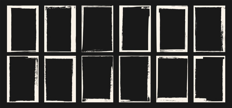 Rough paper edge vintage photo frame set. Black grunge brush stroke torn collage textures. Worn letterpress effect. Vector poster borders, chalk scratches, linocut grain overlays. Retro picture mockup