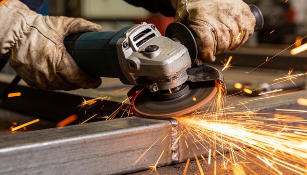 A worker uses an angle grinder to smooth out a welded metal joint while generating bright sparks.