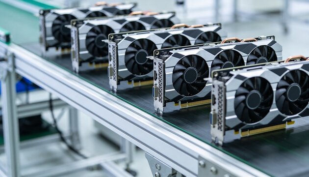 A line of computer graphics cards moves along a manufacturing assembly line in a clean factory room.
