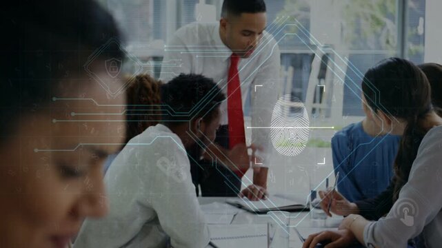Man pointing at binder, activating biometric HUD for business security, camera moving woman smiling