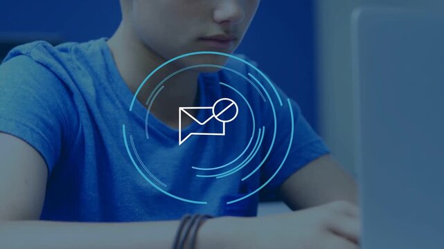 Animated envelope HUD overlay appearing, student reading laptop and typing reply for education task