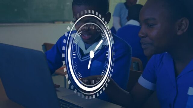 Students leaning into laptop in classroom, HUD clock appearing, rotating, causing collaboration