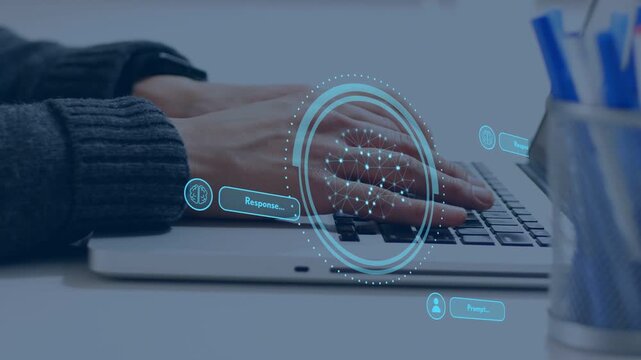 Man typing at laptop activating holographic AI node graph showing Prompt or Response orbiting hands