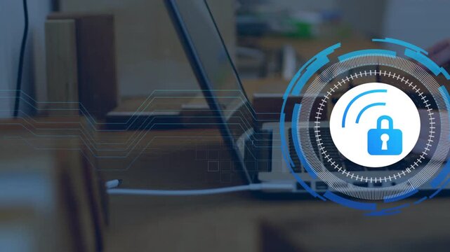 User hand appearing and typing, laptop displaying rotating lock and circuit lines protecting link