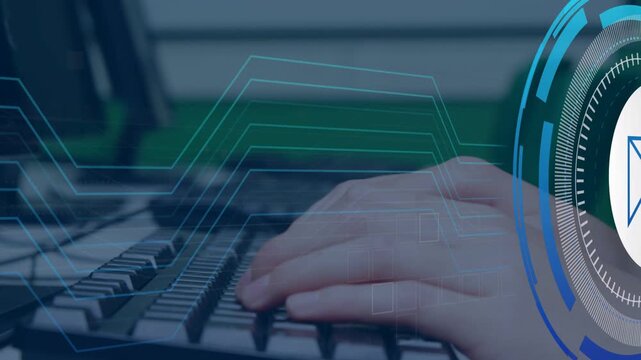 Notification appearing, hands typing on keyboard, teal lines flowing, HUD pulsing, sending reply