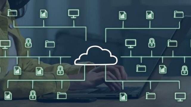 Woman tapping phone typing on laptop under overlay animating cloud filling fading to cloud syncing