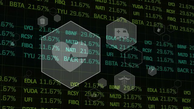 Incoming hex icons sliding inward, causing heart hex growth, numbers updating to show health data
