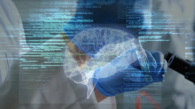 Triggered by pipette tap, researcher pipetting while 3D brain and code growing, showing data fusion