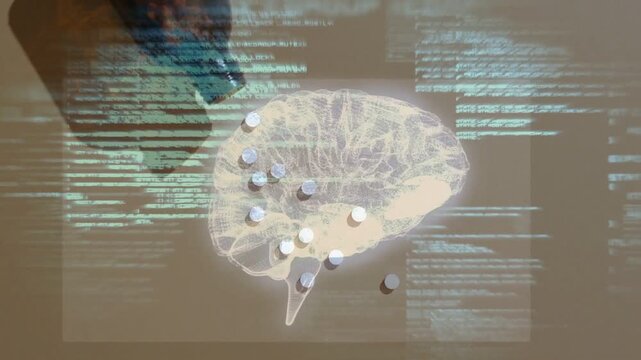 Green code scrolling, projected brain with pills shifting as bottle tipping, showing pill effect