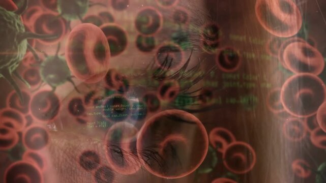 Micro layer appearing, right eye blinking then holding gaze while cells drifting for biotech