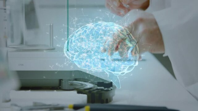 Lab scientist viewing blue brain holo appearing drawing vial fluid and aligning syringe for health