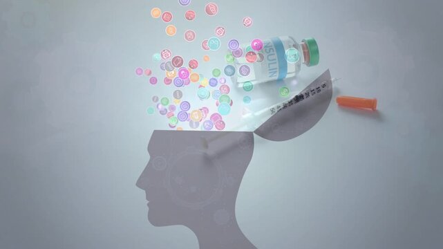 Vial and syringe releasing pastel tokens streaming into open head, visualizing insulin effect