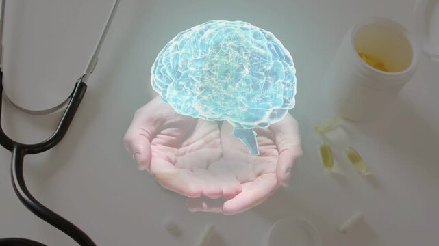 Cupped hands rising summoning holo brain hovering spinning pulsing to show brain activity on table