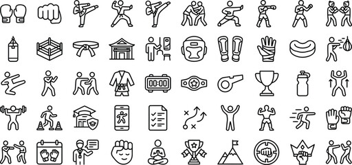 Naklejka premium Fighting Sports & Martial Arts Outline Icon Set