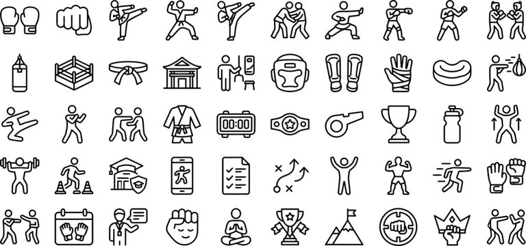 Fighting Sports & Martial Arts Outline Icon Set