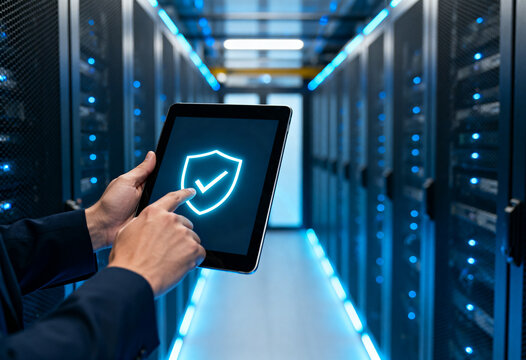 A professional in a suit holds a tablet showing a secure shield icon inside a modern server room.