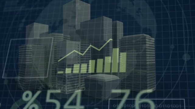 Data feed starting, 3D block cluster revealing analytics, percentages updating and charts growing