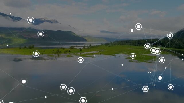 Alpine lake showing faint hexagon nodes appearing, shifting, clustering to show network activity