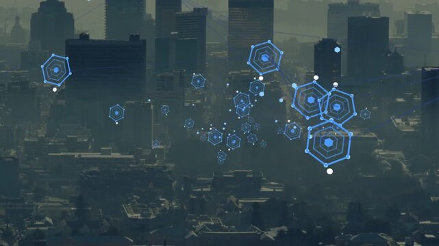 Blue hexagons emerging from edges, converging, nodes orbiting, forming HUD cluster showing network