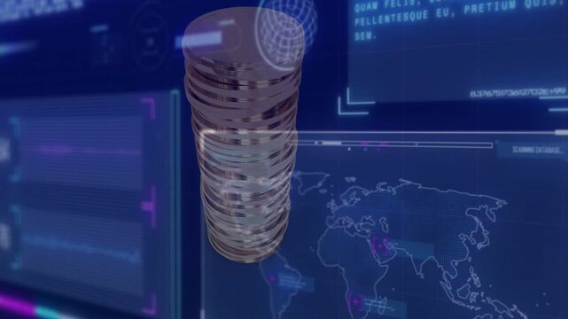 On HUD activation, tall translucent token stack rotating clockwise, descending to show global data