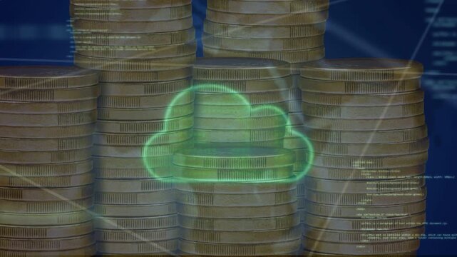 Neon-green cloud appearing, expanding over gold coin stacks, animating mesh lines, showing fintech
