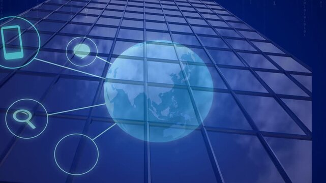 Faint blue glow expanding, blue globe forming and connecting icons visualizing network on glass