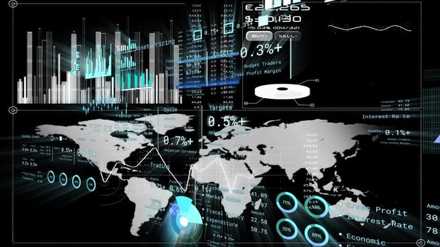 Incoming data pulse arriving, map data dashboard animating bars, tracing line, showing metrics