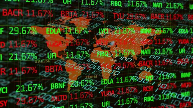 Market feed arriving, orange map and tickers sliding, values flipping, grid shifting showing trends