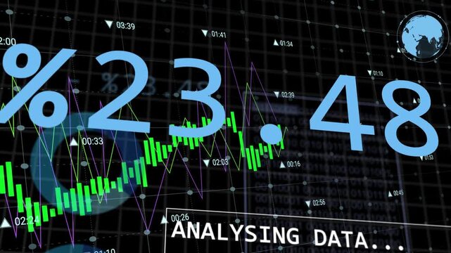 On data update green candlesticks fluctuating, blue numerals sliding, markers popping for analysis