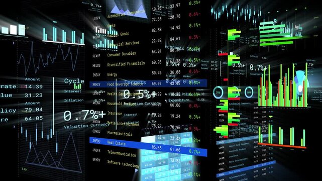 Stacked HUD panels responding to data feed, shifting and updating charts, visualizing market