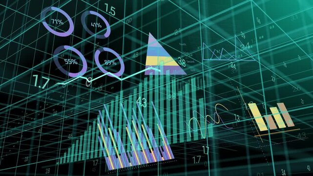 3D data cluster animating after camera pan, growing charts and drawing line to show analytics