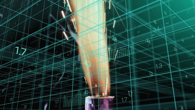 Nozzle emitting flame while flame widening, elongating, sparking in teal grid for analysis