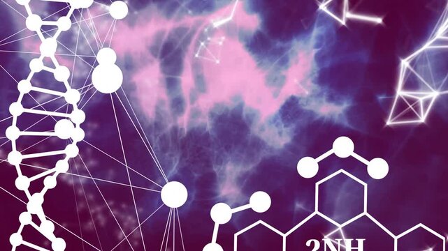 On start, stylized DNA helix staying left while nebula swirling and molecules forming 2NH3 layout