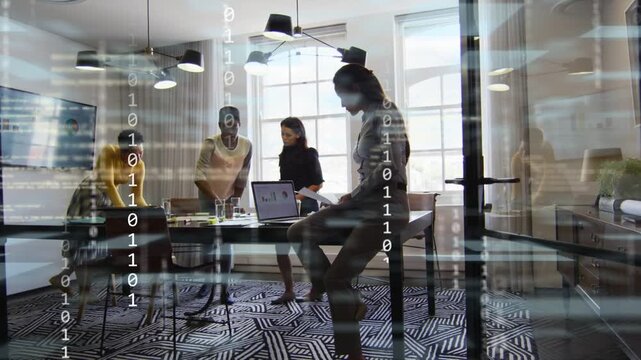 Four women working in business, binary overlay appearing and highlighting laptop chart for analysis