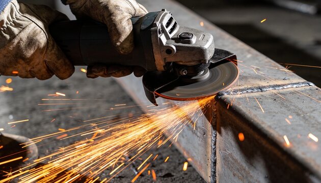 A metal worker grinds down a metal seam with an angle grinder, creating bright orange sparks.