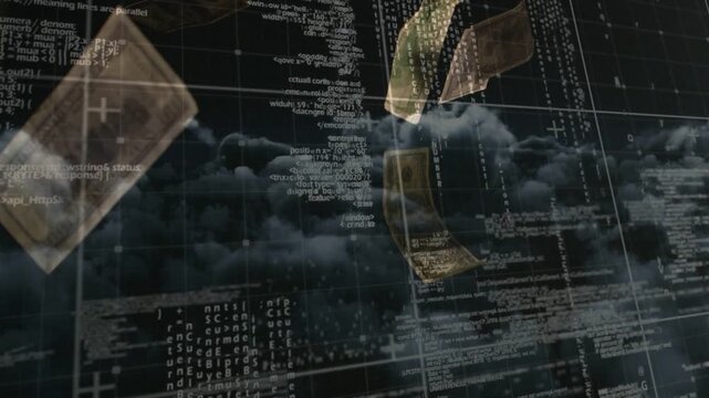 Scene pulsing on data pulse, shifting code overlay into falling sepia notes showing market flow