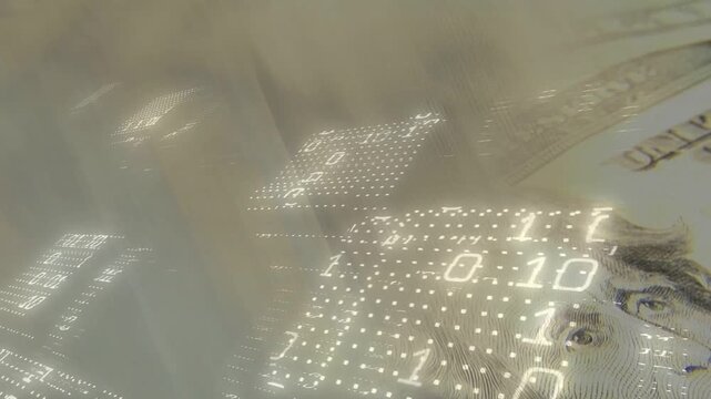Dotted LED sweeping light, camera panning over stacked 20s, revealing serial and portrait to verify