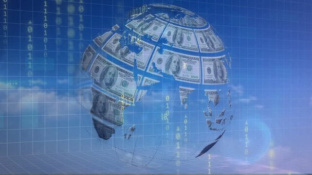 Fragments appearing and coalescing, globe assembling and rotating with bill tiles for data display