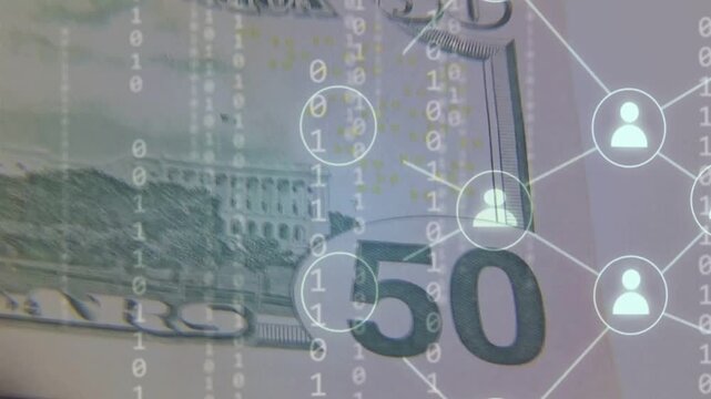 Camera shifting revealing US 50 bills while binary flow falling and nodes forming showing fintech