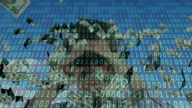 Man standing facing camera, hands shielding, binary overlay causing falling bills, showing finance